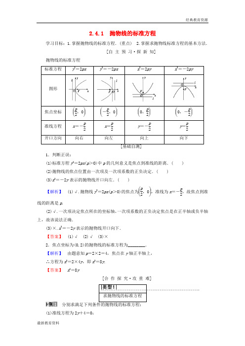 2018-2019学年高中数学 第二章 圆锥曲线与方程 2.4 抛物线 2.4.1 抛物线的标准方程学案 苏教版选修1-1
