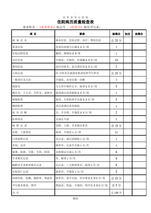 最新住院病历质量检查表