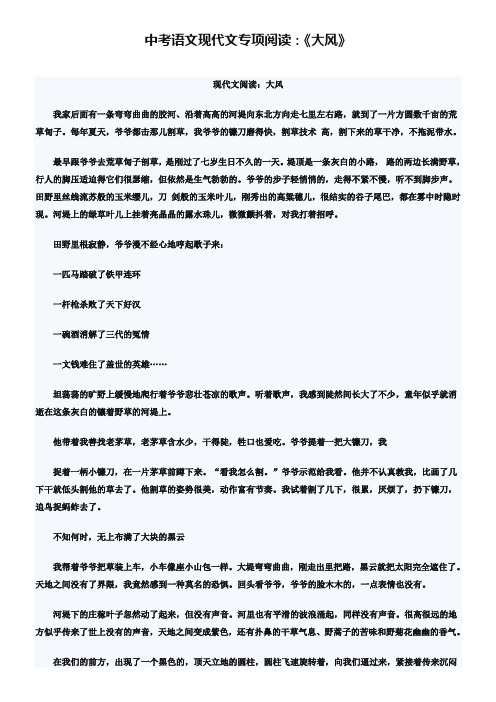 2019年中考语文现代文专项阅读：《大风》(含答案)