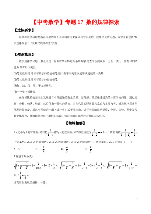 2020年中考数学高频重点《数的规律探索》专题突破精练精解(含答案)