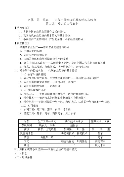 人教版高一历史必修二第一单元第一课 发达的古代农业学案设计