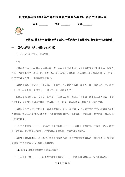 北师大版备考2020年小升初考试语文复习专题19：说明文阅读A卷