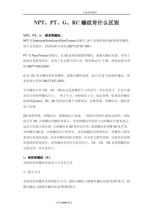 NPT、PT、G、RC螺纹有什么区别