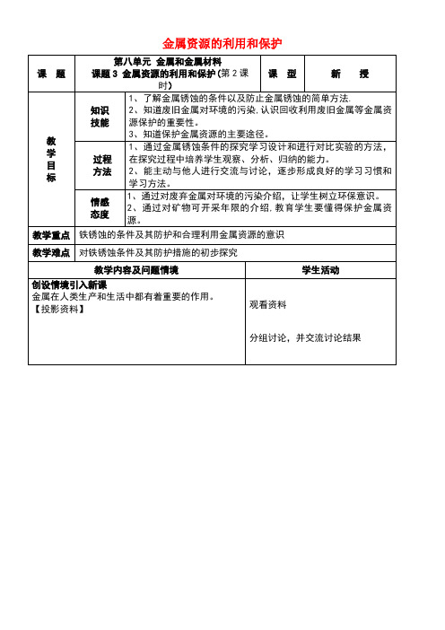 九年级化学下册第8单元课题3金属资源的利用和保护(第2课时)教案新人教版