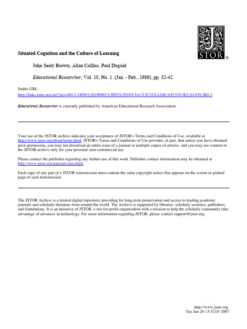 Situated Cognition and the Culture of Learning