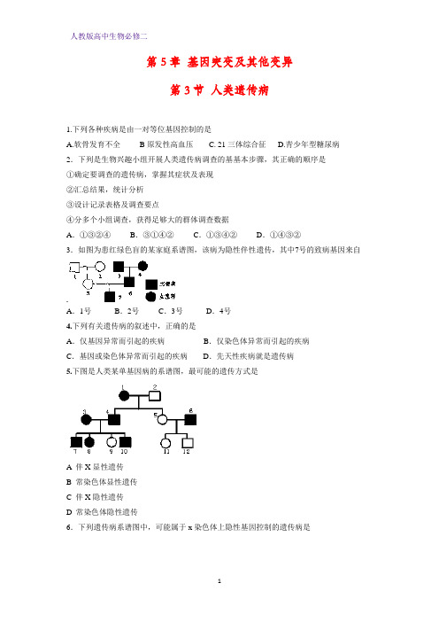 人教版(新教材)高中生物必修2练习10：5 3 人类遗传病课时作业