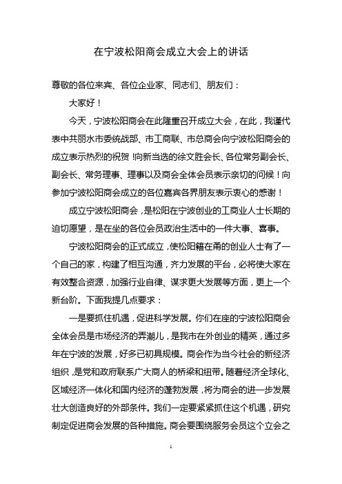 王瑞亮在宁波松阳商会成立大会上的讲话