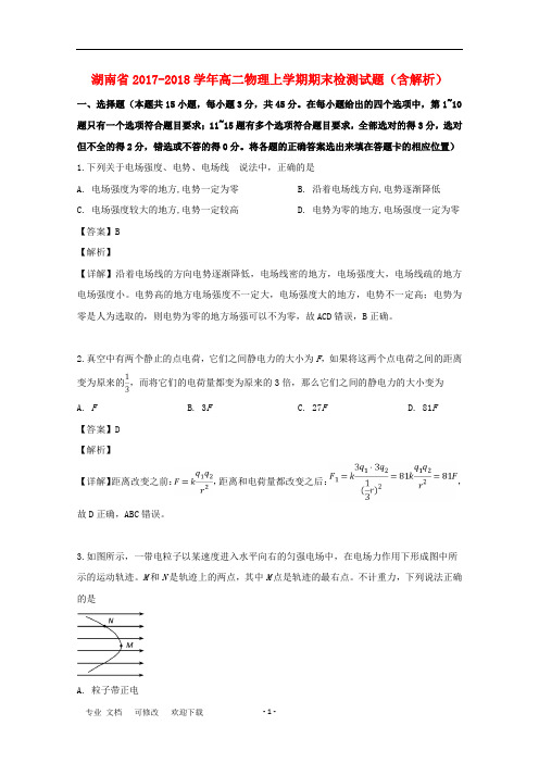 湖南省2017-2018学年高二物理上学期期末检测试题(含解析)