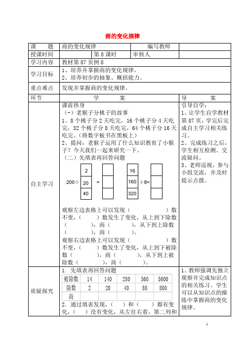 2018学年四年级数学上册第6单元除数是两位数的除法第8课时商的变化规律导学案(无答案)新人教版