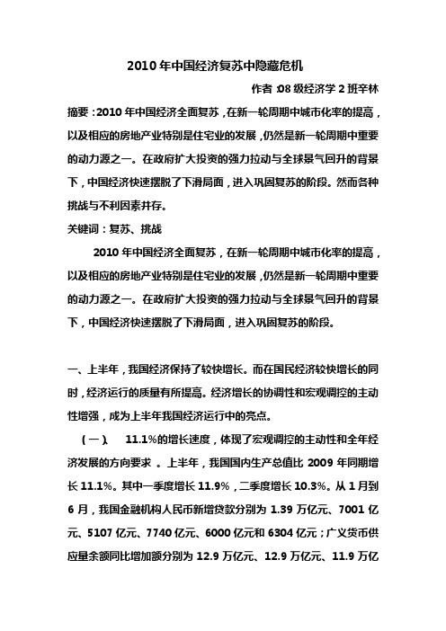 2010年中国经济复苏中隐藏危机