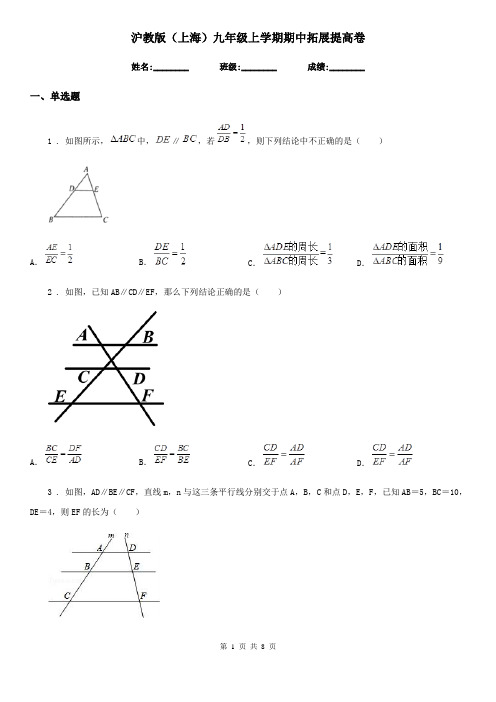 沪教版(上海)九年级数学上学期期中拓展提高卷