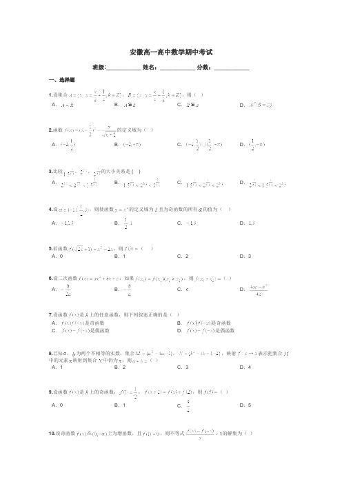 安徽高一高中数学期中考试带答案解析

