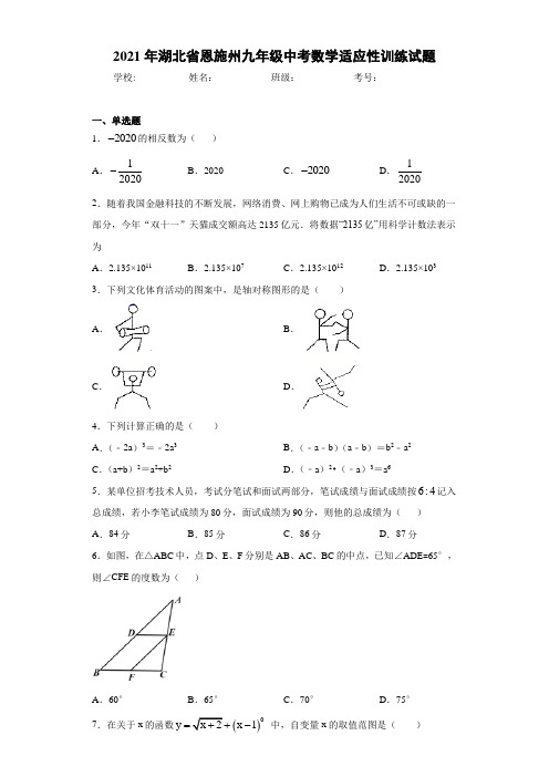 2021年湖北省恩施州九年级中考数学适应性训练试题