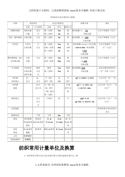 常用纺织专业计量单位与换算