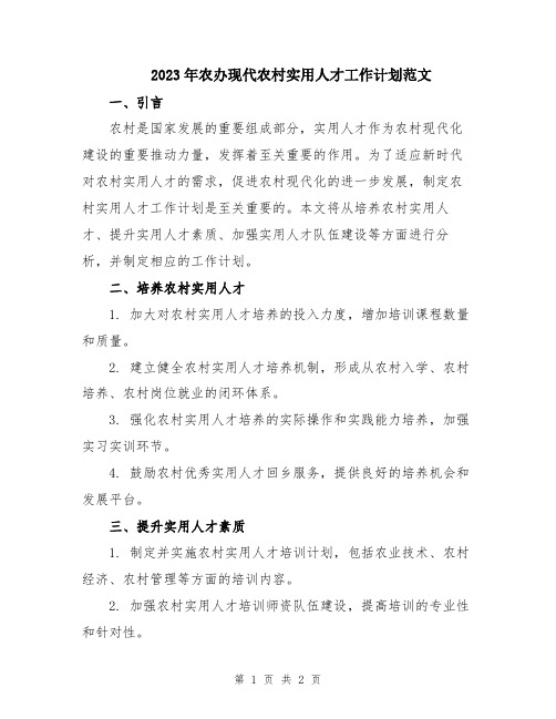 2023年农办现代农村实用人才工作计划范文