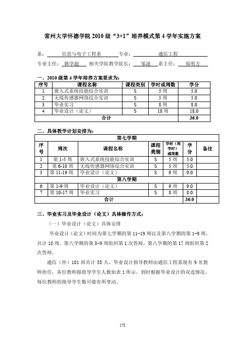 常州大学怀德学院2010级3 1培养模式第4学年实施方案
