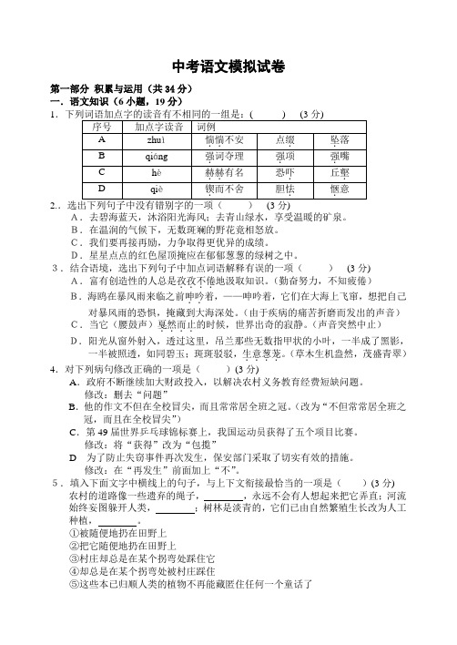 人教版中考语文模拟试卷(含答案)讲解