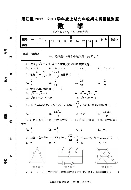 雁江区2012—2013学年度上期九年级期末质量监测题