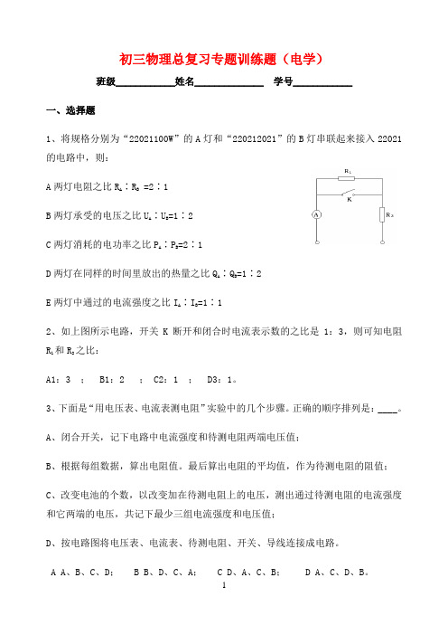 初三物理总专题训练题电学