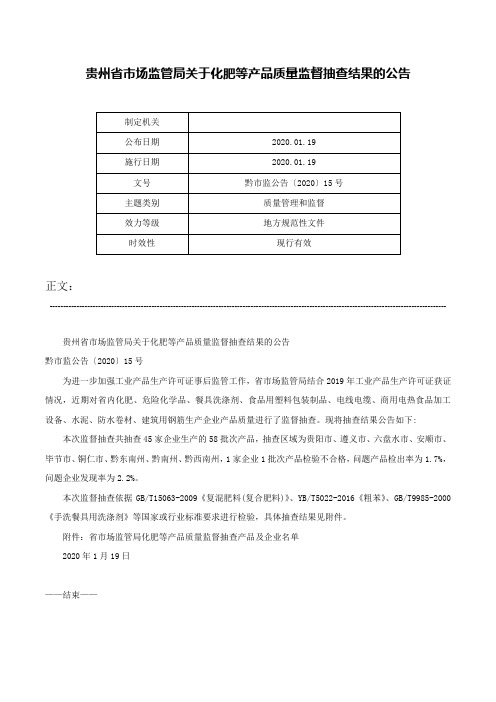 贵州省市场监管局关于化肥等产品质量监督抽查结果的公告-黔市监公告〔2020〕15号