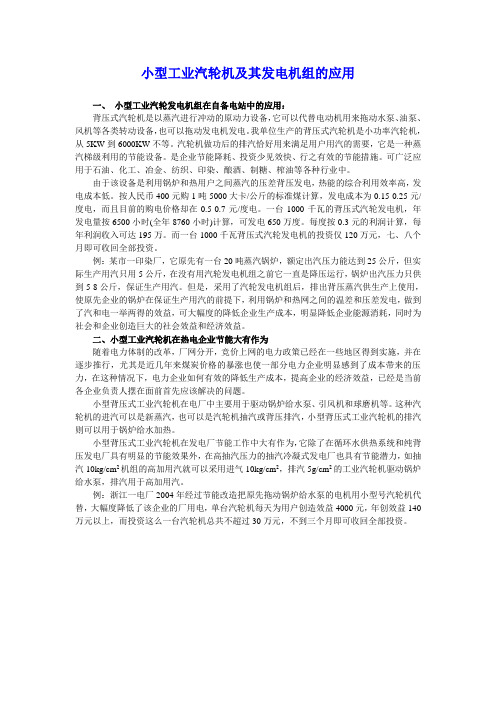 小型工业汽轮机及其发电机组的应用