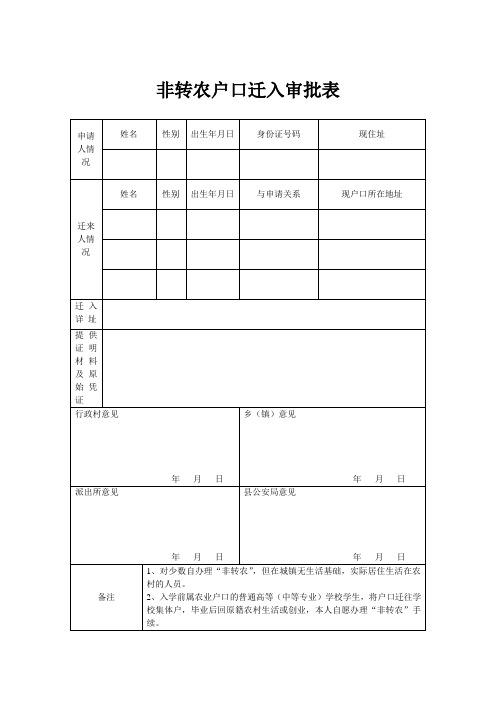 非转农户口迁入审批表