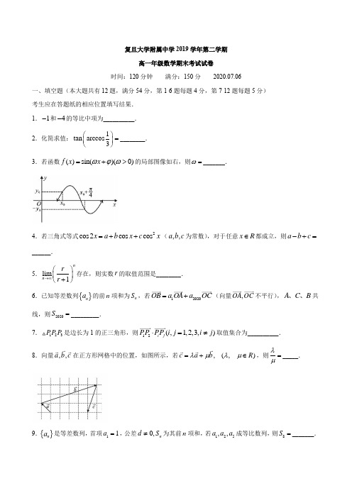 上海市复旦大学附属中学2019-2020学年高一下学期期末考试数学试题 Word版含答案