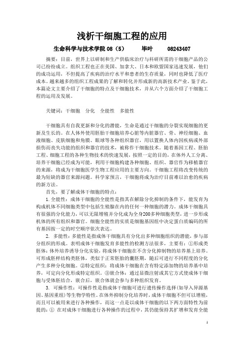 细胞工程 浅谈干细胞的应用