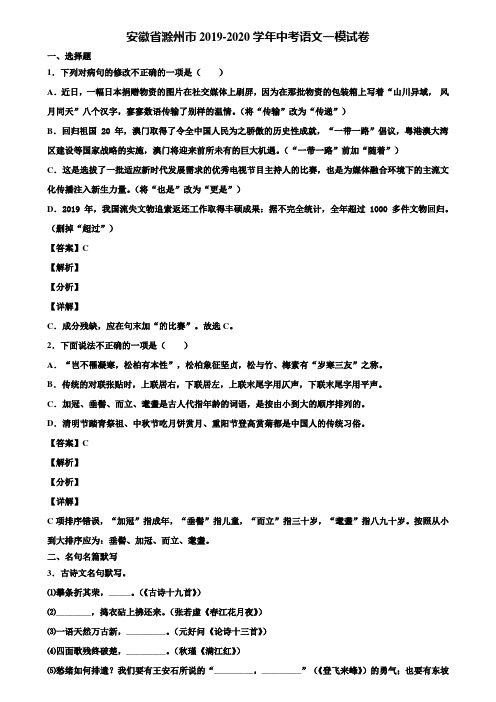 安徽省滁州市2019-2020学年中考语文一模试卷含解析