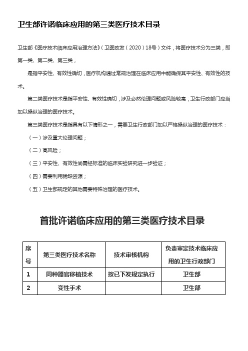 卫生部许诺临床应用的第三类医疗技术目录