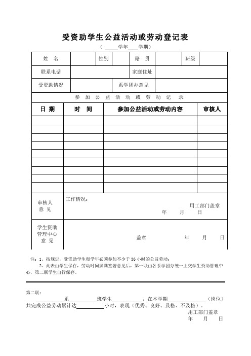 受资助学生公益活动或劳动登记表