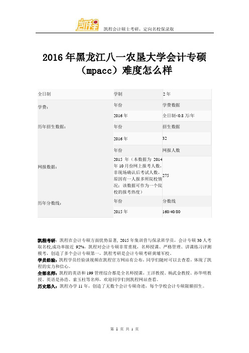 2016年黑龙江八一农垦大学会计专硕(mpacc)难易程度怎么样