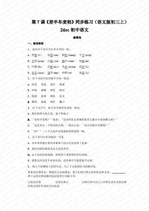 第7课《差半车麦秸》同步练习(语文版初三上)2doc初中语文