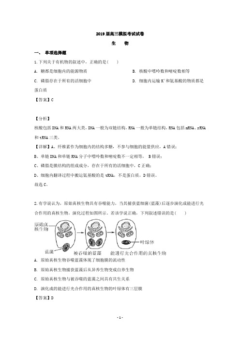 【解析】江苏省苏锡常镇四市2019届高三三模考试生物试题  