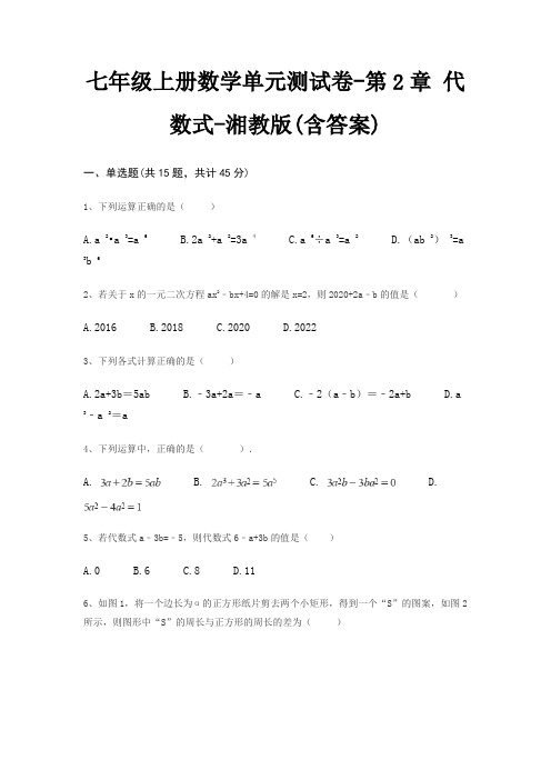 七年级上册数学单元测试卷-第2章 代数式-湘教版(含答案)