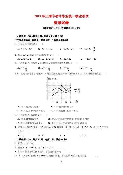 2019年上海市中考数学试题及参考答案(word解析版)