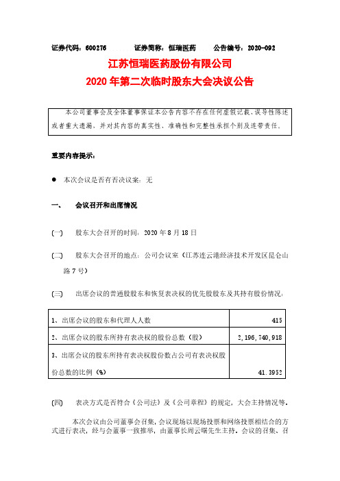 恒瑞医药2020年第二次临时股东大会决议公告