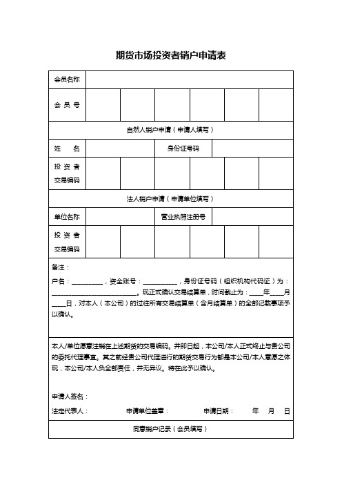 期货市场投资者销户申请表