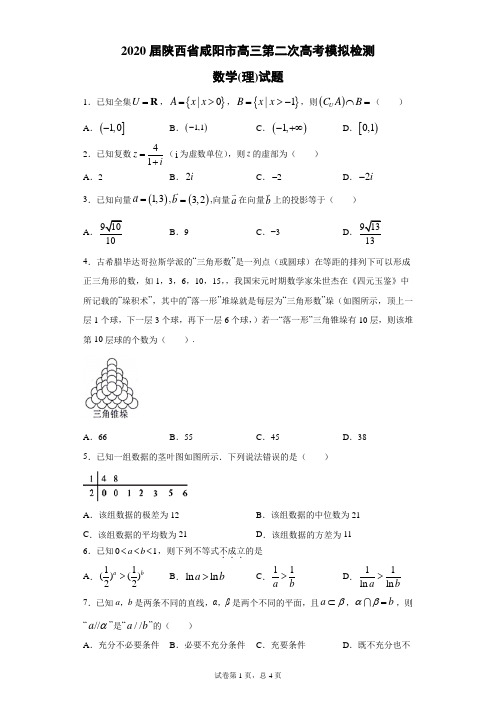 2020届陕西省咸阳市高三第二次高考模拟检测数学(理)试题(带答案解析)