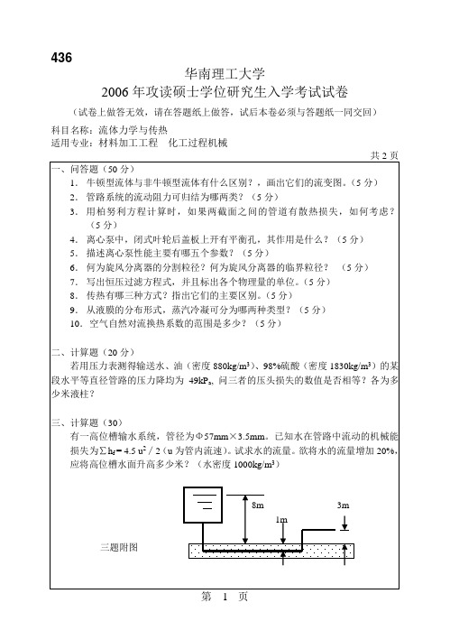 华南理工大学2006年考研流体力学与传热试题