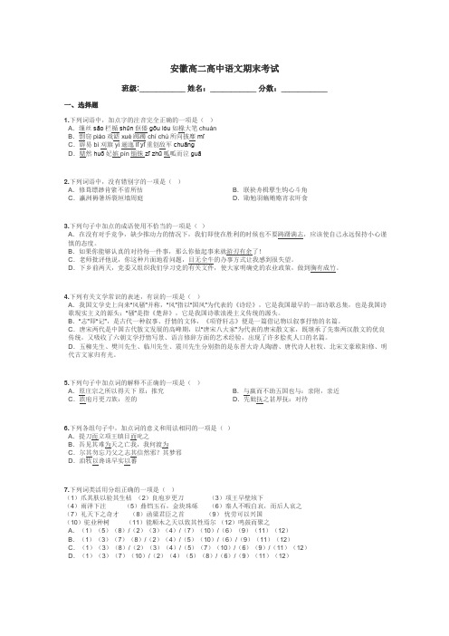 安徽高二高中语文期末考试带答案解析
