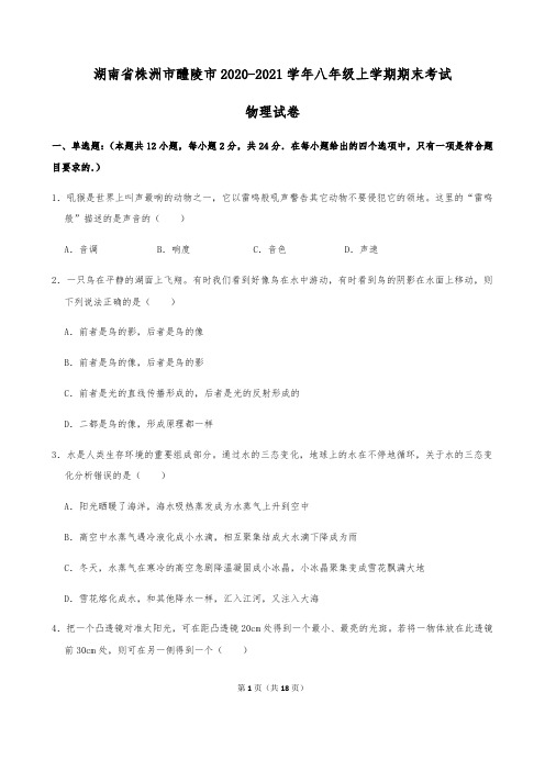 湖南省株洲市醴陵市2020-2021学年八年级上学期期末考试物理试卷(解析版)