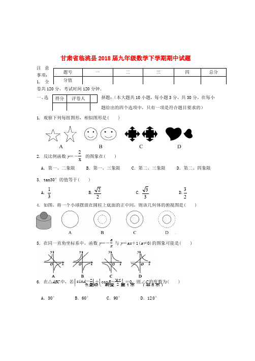 甘肃省临洮县九年级数学下学期期中试题