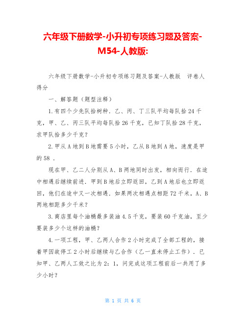 六年级下册数学-小升初专项练习题及答案-M54-人教版-