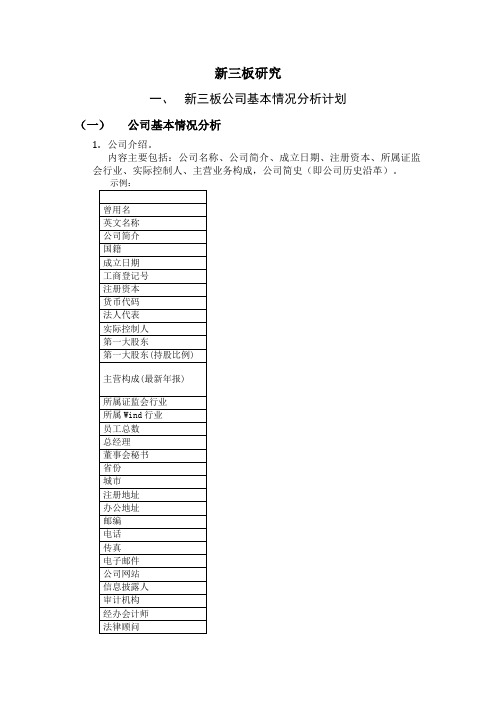 新三板公司分析模板简介(excel)