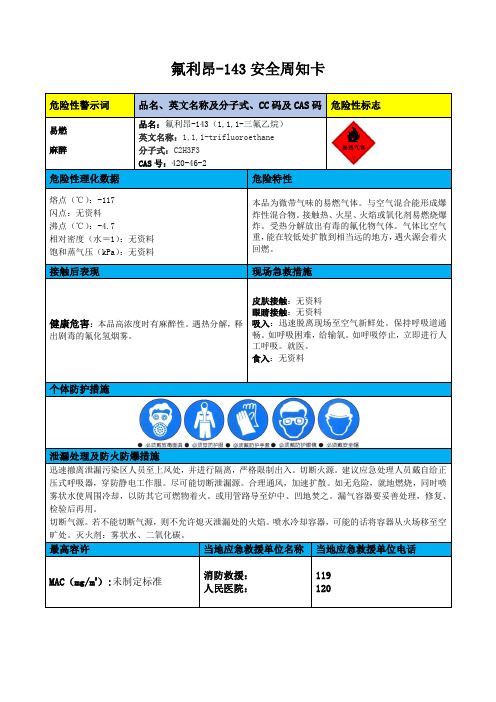 氟利昂-143安全周知卡、职业病危害告知卡、理化特性表