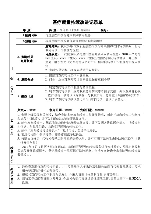 与基层医疗机构建立预约转诊服务PDCA持续质量改进记录表PDCA模板