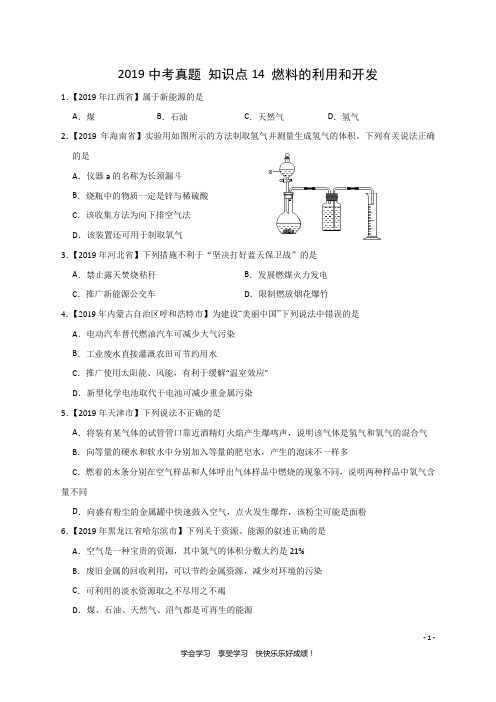 2019中考化学真题 知识点14 燃料的合理利用和开发(精确排版+中考真题+难题精粹)