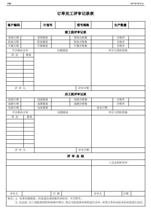 订单完工评审记录表