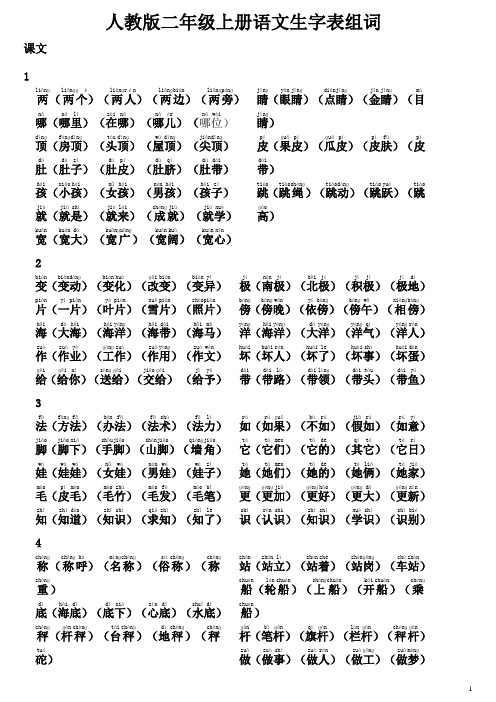 最新部编人教版二年级上册语文生字表组词带拼音